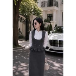 [260507] Set Bộ Công Sở Nữ Cao Cấp Áo Gile Phối Cổ Tay Sơ Mi Chân Váy Dài Suông Màu Chì 3