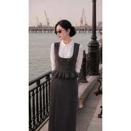 [260507] Set Bộ Công Sở Nữ Cao Cấp Áo Gile Phối Cổ Tay Sơ Mi Chân Váy Dài Suông Màu Chì 4