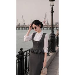 [260507] Set Bộ Công Sở Nữ Cao Cấp Áo Gile Phối Cổ Tay Sơ Mi Chân Váy Dài Suông Màu Chì 2