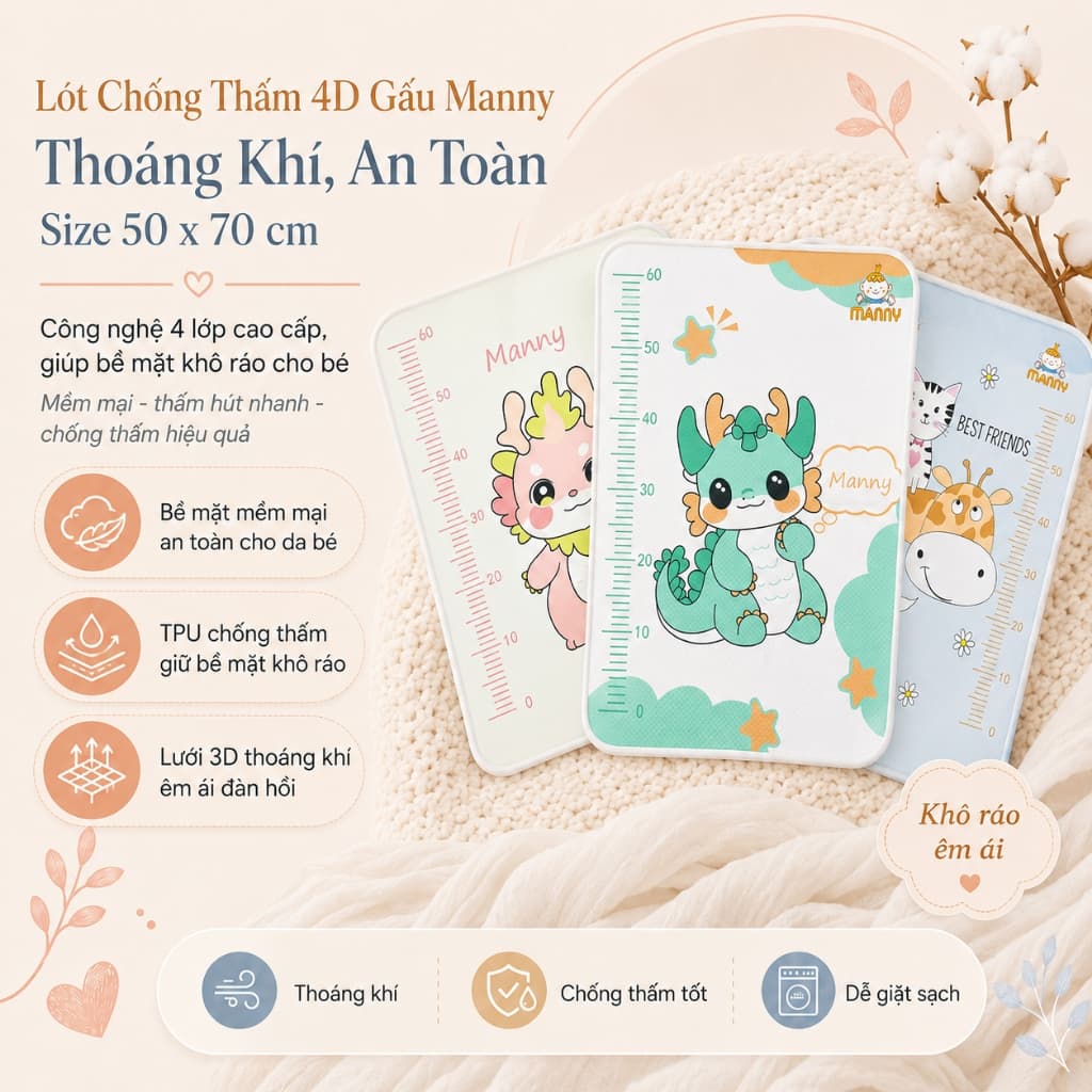 Lót Chống Thấm 4D Gấu Manny – Công Nghệ Mới, Thoáng Khí, An Toàn Cho Bé
