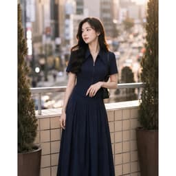 Set Bộ Công Sở Nữ Cao Cấp Áo Khóa Kéo Tay Ngắn Chân Váy Xếp Ly Dài Xanh Navy/kem Tôn Dáng 3