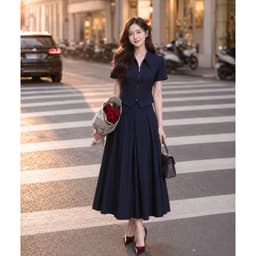 Set Bộ Công Sở Nữ Cao Cấp Áo Khóa Kéo Tay Ngắn Chân Váy Xếp Ly Dài Xanh Navy/kem Tôn Dáng 5