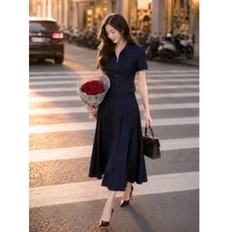 Set Bộ Công Sở Nữ Cao Cấp Áo Khóa Kéo Tay Ngắn Chân Váy Xếp Ly Dài Xanh Navy/kem Tôn Dáng 4