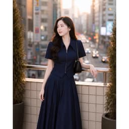 Set Bộ Công Sở Nữ Cao Cấp Áo Khóa Kéo Tay Ngắn Chân Váy Xếp Ly Dài Xanh Navy/kem Tôn Dáng 2