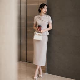 [260510] Set Bộ Công Sở Nữ Cao Cấp Áo Cổ Lệch Đính Hoa Tôn Eo Chân Váy Dài Suông Màu Kem Be 3