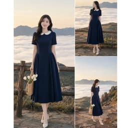 [260524] Váy Liền Nữ Cao Cấp Xanh Navy Cổ Tròn Phối Trắng Tay Ngắn Midi Dáng Xòe Công Sở 6