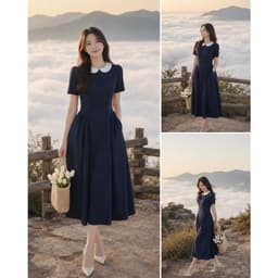 [260524] Váy Liền Nữ Cao Cấp Xanh Navy Cổ Tròn Phối Trắng Tay Ngắn Midi Dáng Xòe Công Sở 5