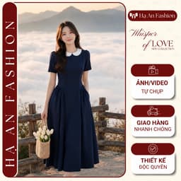 [260524] Váy Liền Nữ Cao Cấp Xanh Navy Cổ Tròn Phối Trắng Tay Ngắn Midi Dáng Xòe Công Sở 1