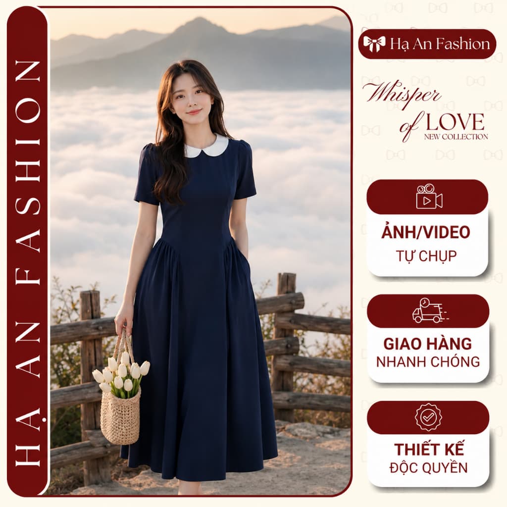 [260524] Váy Liền Nữ Cao Cấp Xanh Navy Cổ Tròn Phối Trắng Tay Ngắn Midi Dáng Xòe Công Sở