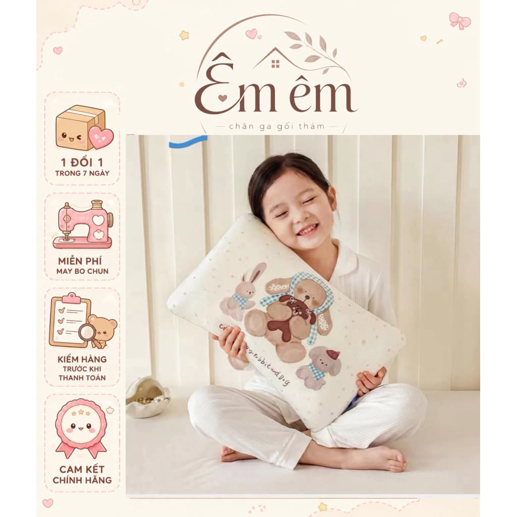 Ruột gối cao su non kèm vỏ gối công thái học nâng đỡ đầu cổ,kich cỡ 25x45cm cho bé,hoạ tiết in 5D bắt mắt
