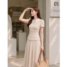 [260525] Set Bộ Nữ Cao Cấp Áo Cổ Sen Tay Phồng Chân Váy Xếp Ly Dài Màu Kem Tiểu Thư Công Sở 4