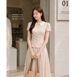 [260525] Set Bộ Nữ Cao Cấp Áo Cổ Sen Tay Phồng Chân Váy Xếp Ly Dài Màu Kem Tiểu Thư Công Sở 5
