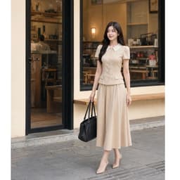 [260525] Set Bộ Nữ Cao Cấp Áo Cổ Sen Tay Phồng Chân Váy Xếp Ly Dài Màu Kem Tiểu Thư Công Sở 2