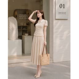 [260525] Set Bộ Nữ Cao Cấp Áo Cổ Sen Tay Phồng Chân Váy Xếp Ly Dài Màu Kem Tiểu Thư Công Sở 6