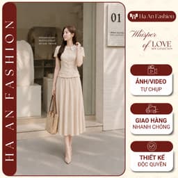 [260525] Set Bộ Nữ Cao Cấp Áo Cổ Sen Tay Phồng Chân Váy Xếp Ly Dài Màu Kem Tiểu Thư Công Sở 1