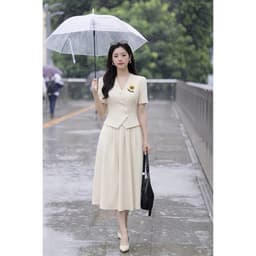 [260416] Set Bộ Công Sở Nữ Cao Cấp Áo Cổ V Cúc Lệch Thêu Hoa Chân Váy Xòe Dài Màu Kem 2