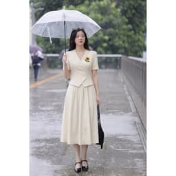 [260416] Set Bộ Công Sở Nữ Cao Cấp Áo Cổ V Cúc Lệch Thêu Hoa Chân Váy Xòe Dài Màu Kem 4