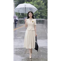 [260416] Set Bộ Công Sở Nữ Cao Cấp Áo Cổ V Cúc Lệch Thêu Hoa Chân Váy Xòe Dài Màu Kem 3