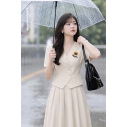 [260416] Set Bộ Công Sở Nữ Cao Cấp Áo Cổ V Cúc Lệch Thêu Hoa Chân Váy Xòe Dài Màu Kem 5