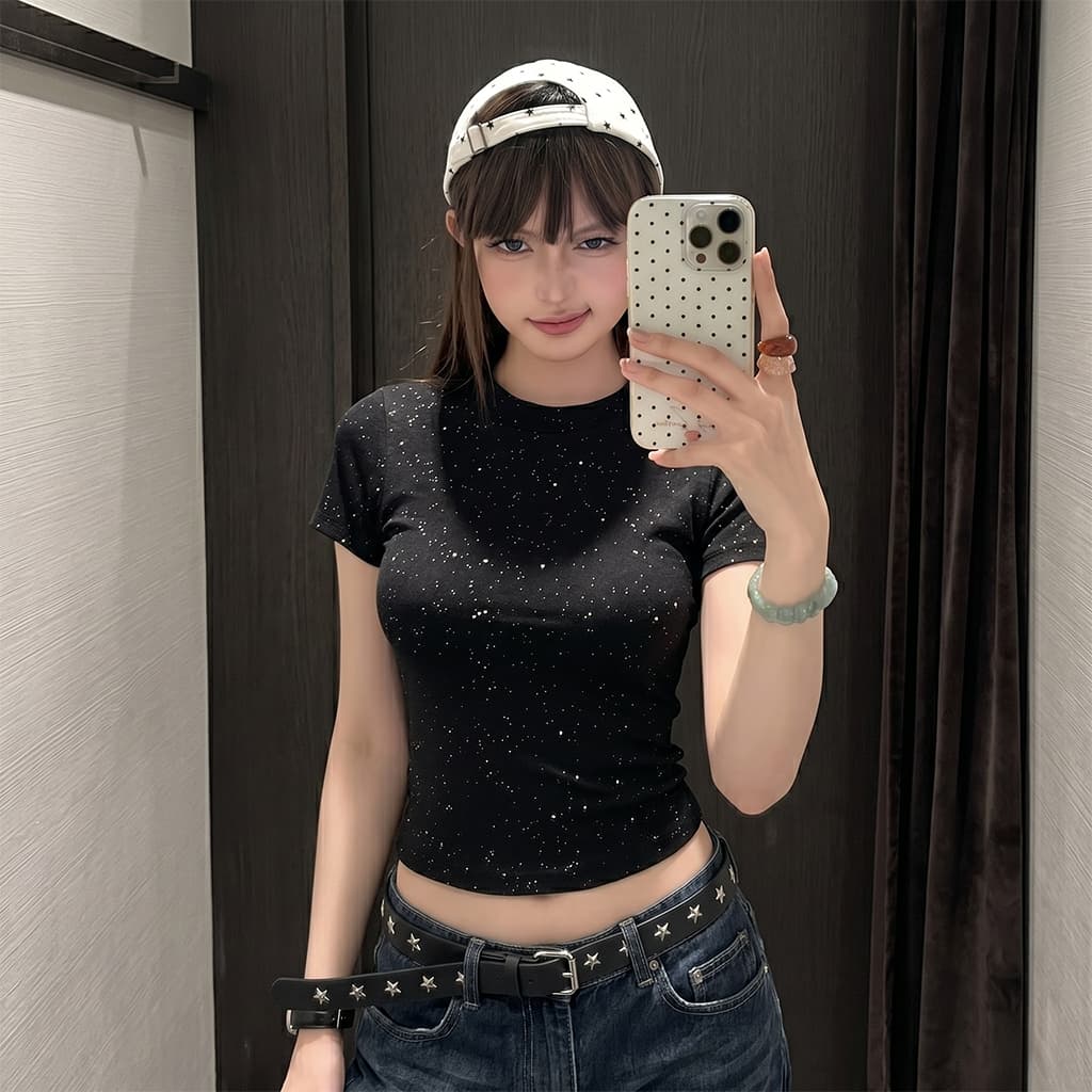 Áo Thun Baby Tee Nữ Kim Tuyến Dáng Ôm PINKSTORE29 Kiểu Lấp Lánh A51336