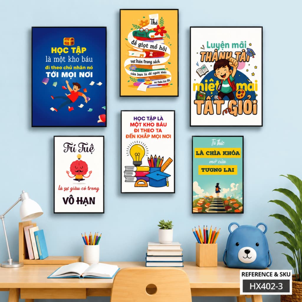 Bộ 6 Tranh Slogan Dán Tường Trang Trí Góc Học Tập, Lớp Học Cho Bé HX402 - Tranh Decor Phòng Ngủ, Bàn Học Cho Bé