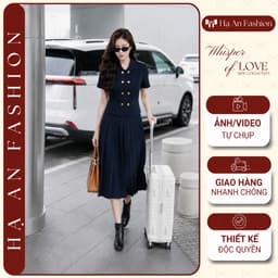 [260409] Set Bộ Công Sở Nữ Cao Cấp Áo Tay Ngắn Chiết Eo Chân Váy Xếp Ly Dài Màu Xanh Than 1