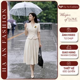 [260416] Set Bộ Công Sở Nữ Cao Cấp Áo Cổ V Cúc Lệch Thêu Hoa Chân Váy Xòe Dài Màu Kem 1