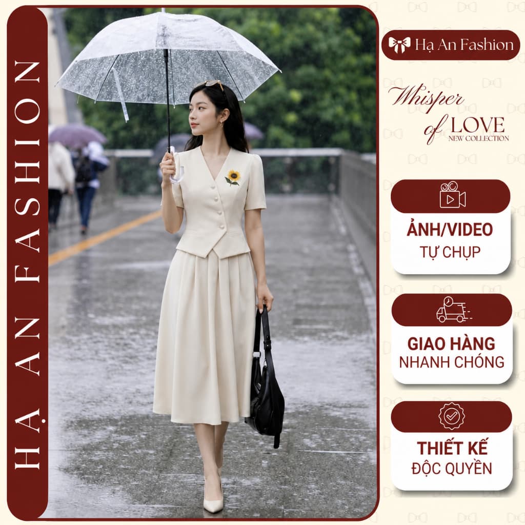 [260416] Set Bộ Công Sở Nữ Cao Cấp Áo Cổ V Cúc Lệch Thêu Hoa Chân Váy Xòe Dài Màu Kem