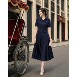 [VT260406] Set Bộ Nữ Cao Cấp Áo Cổ Cách Điệu Chân Váy Xếp Ly Dài Xanh Navy Công Sở 3