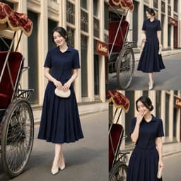 [VT260406] Set Bộ Nữ Cao Cấp Áo Cổ Cách Điệu Chân Váy Xếp Ly Dài Xanh Navy Công Sở 4