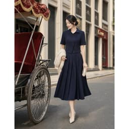 [VT260406] Set Bộ Nữ Cao Cấp Áo Cổ Cách Điệu Chân Váy Xếp Ly Dài Xanh Navy Công Sở 5