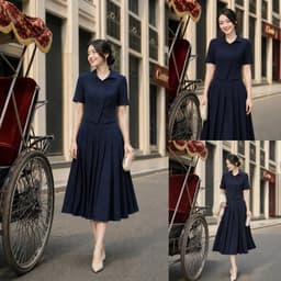 [VT260406] Set Bộ Nữ Cao Cấp Áo Cổ Cách Điệu Chân Váy Xếp Ly Dài Xanh Navy Công Sở 7