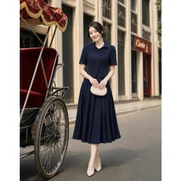 [VT260406] Set Bộ Nữ Cao Cấp Áo Cổ Cách Điệu Chân Váy Xếp Ly Dài Xanh Navy Công Sở 2