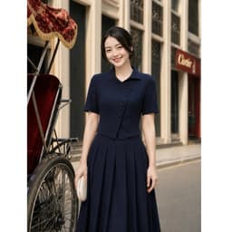 [VT260406] Set Bộ Nữ Cao Cấp Áo Cổ Cách Điệu Chân Váy Xếp Ly Dài Xanh Navy Công Sở 6