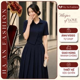 [VT260406] Set Bộ Nữ Cao Cấp Áo Cổ Cách Điệu Chân Váy Xếp Ly Dài Xanh Navy Công Sở 1