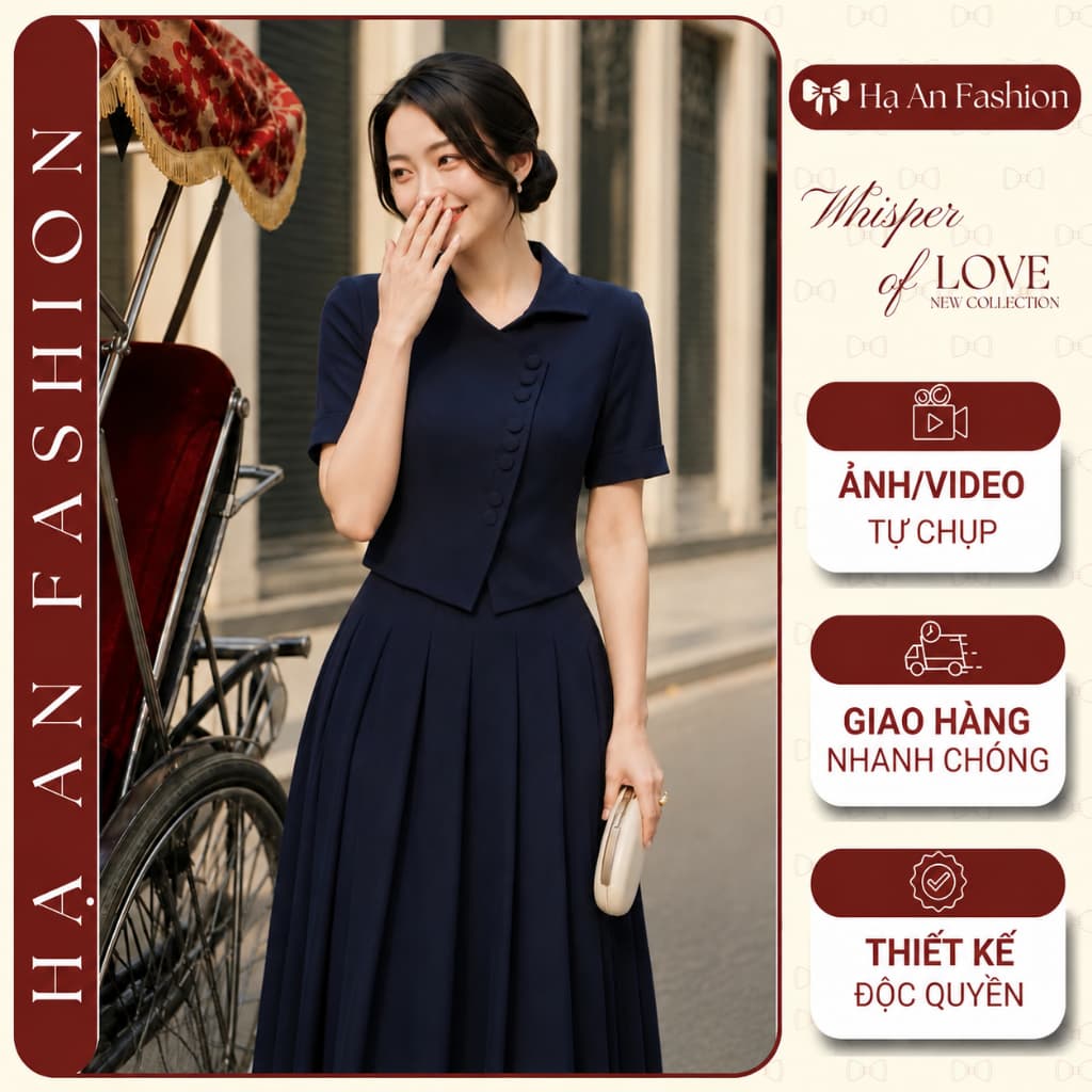 [VT260406] Set Bộ Nữ Cao Cấp Áo Cổ Cách Điệu Chân Váy Xếp Ly Dài Xanh Navy Công Sở