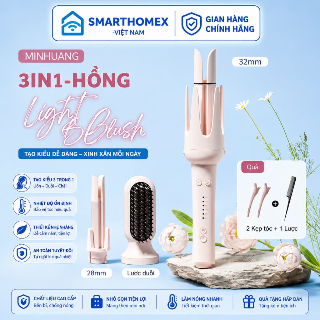 Máy Uốn Tóc Tạo Kiểu 3in1 Chuẩn Salon 2 Đầu Uốn 28 và 32mm, Máy Làm Xoăn Tự Động ChiGo Trục 32mm Dễ Dùng_TH