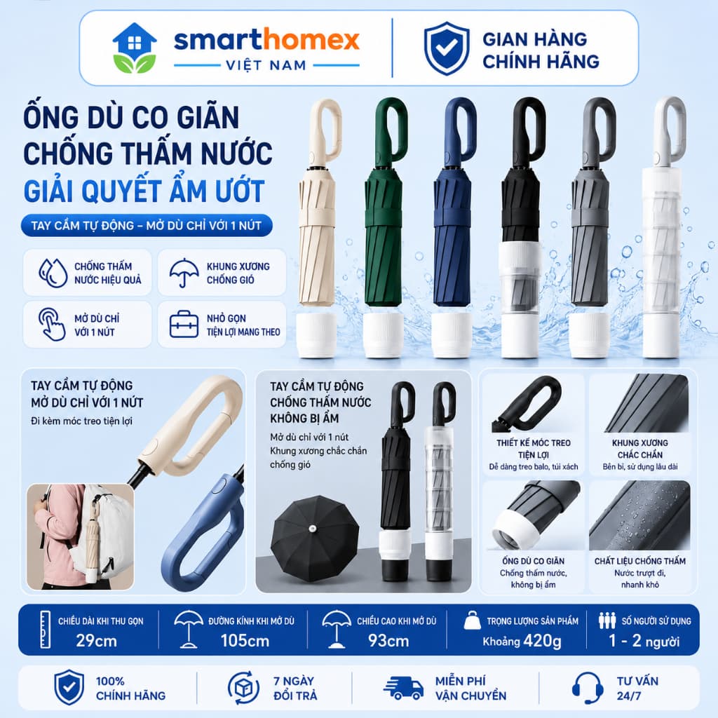 TH_Ô Dù Bấm Tự Động 10Nan Kép Chống UV50+, Đóng Mở Nhanh, Thiết Kế Công Thái Học | Móc Khoá Giữ Tay Cầm