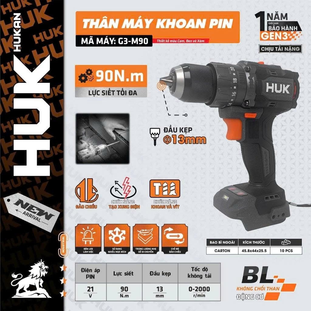 Thân Máy Khoan Pin HUKAN G3-M90, Lực Siết Chuẩn 90Nm, Đầu Kẹp 13mm - 3 Chức Năng - Có Tạo Xung