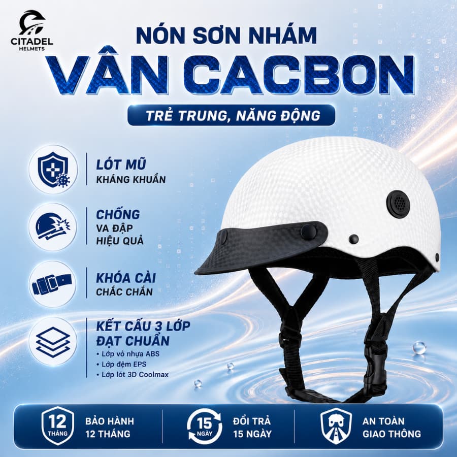 Nón bảo hiểm lưỡi trai carbon Camry Helmets - Phong cách trẻ trung, lý tưởng cho việc đi học và đi phố cho cả nam nữ.