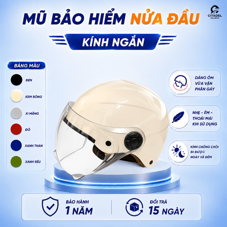 Mũ Bảo Hiểm 1/2 Vân Kính Ngắn Thời Trang Nhiều Màu Dành Cho Nam Nữ - Camry Helmets