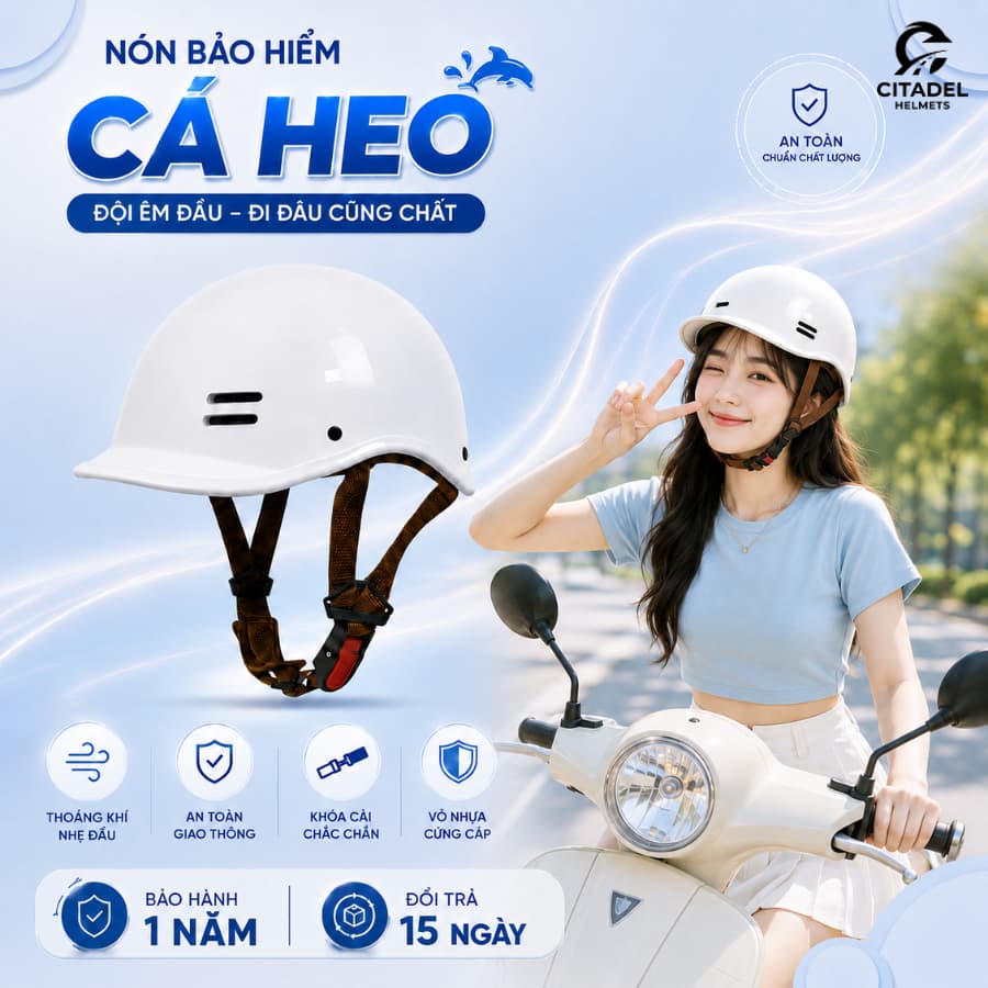 Nón bảo hiểm nửa đầu cá heo ABS an toàn, thiết kế cá tính, freesize cho vòng đầu 52-57cm, phù hợp cả nam và nữ.