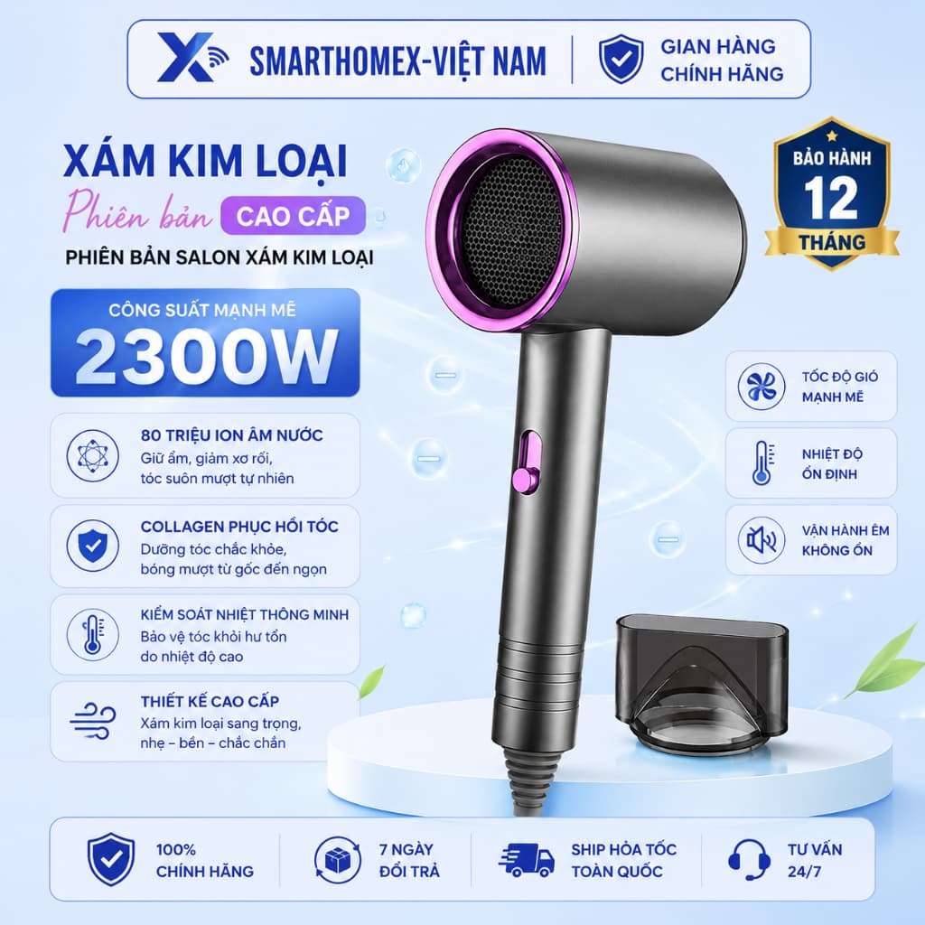 Máy Sấy Tóc Ion Âm Nước Công Suất Lớn Sấy Nhanh Dễ Dùng Có 3 Màu Trắng Xám Xanh_TH