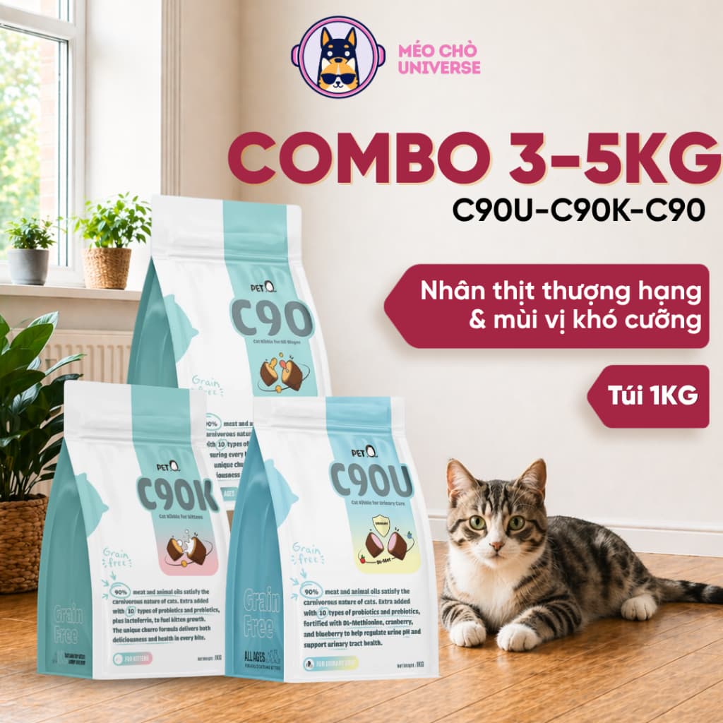 Combo 3-5kg Thức ăn hạt cho mèo PetQ C90, 90% từ thịt & dầu động vật, Dinh dưỡng, Ngon miệng