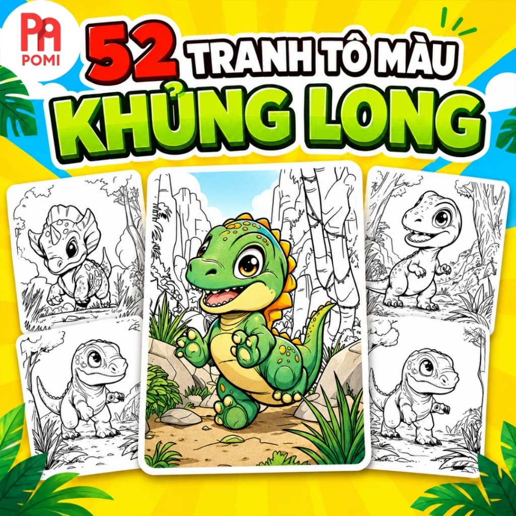 Tranh Tô Màu Khủng Long Con Baby Nhiều Mẫu Không Trùng - Thế Giới Khủng Long Giấy A4 A5 Sắc Nét - Đồ chơi POMI
