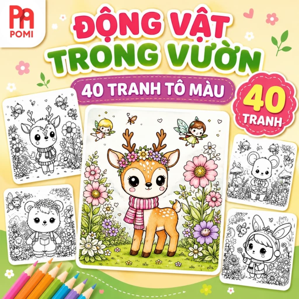 Set 40 Tranh Tô Màu Động Vật Trong Vườn Hoa Lá Dễ Thương Cho Bé Tô Màu - Tranh tô màu giảm căng thẳng - POMI