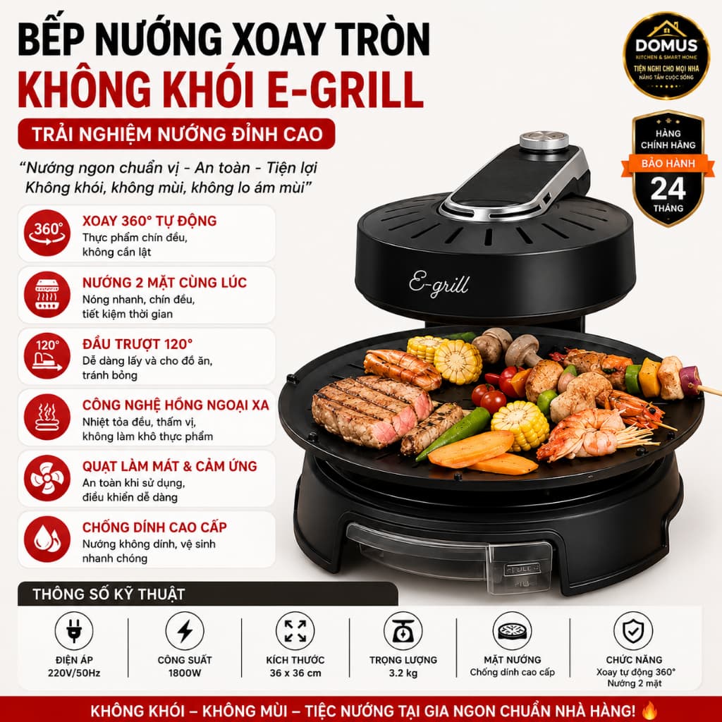 Bếp Nướng Điện E-Grill 1800W Xoay Tự Động 360 Độ, Không Mùi, Không Khói, Chống Dính, Thương Hiệu Đức