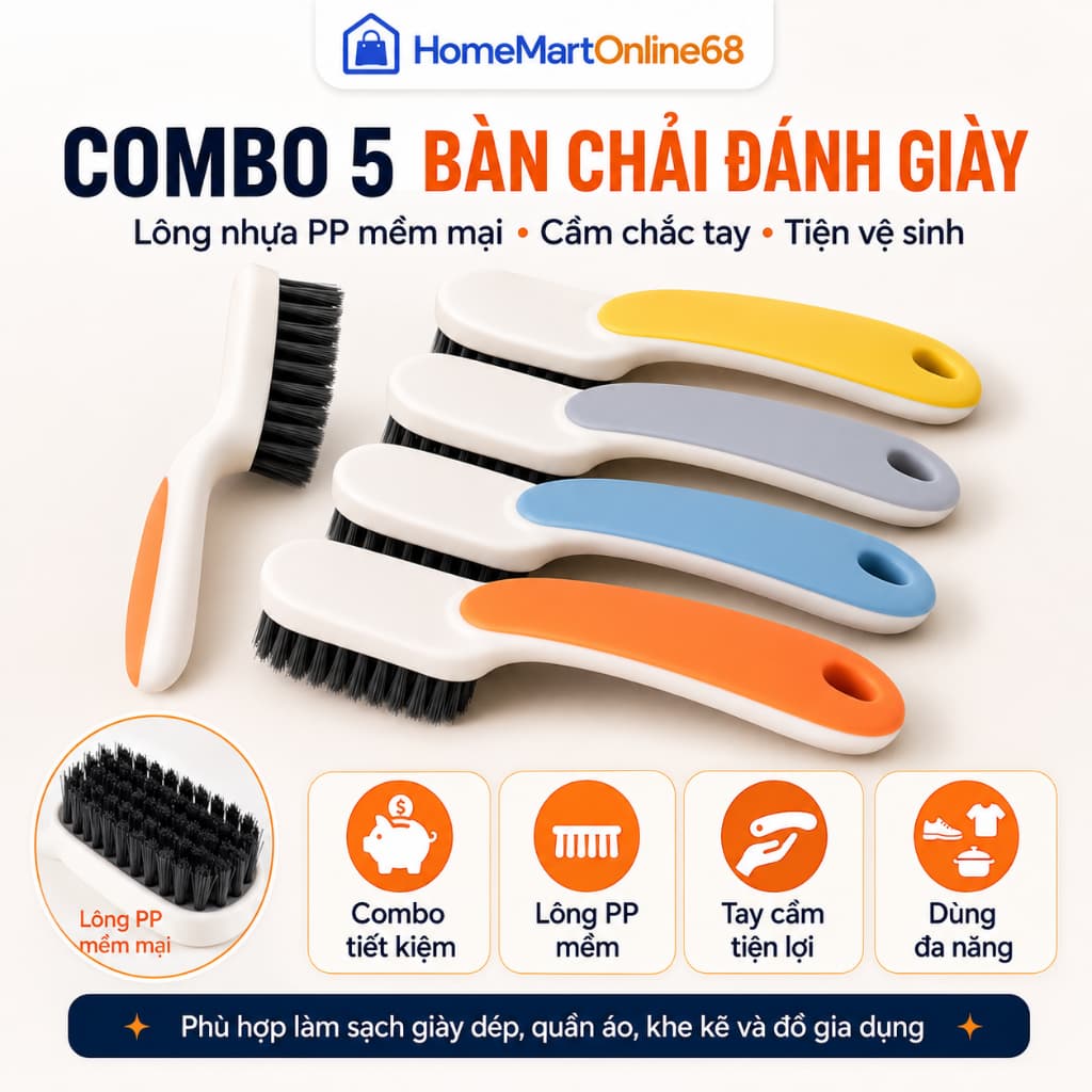 Combo 5 Bàn Chải Đánh Giày Lông Nhựa PP Mềm Mại, Chà Giày Làm Sạch Đa Năng Tiện Lợi | HomeMartOnline68