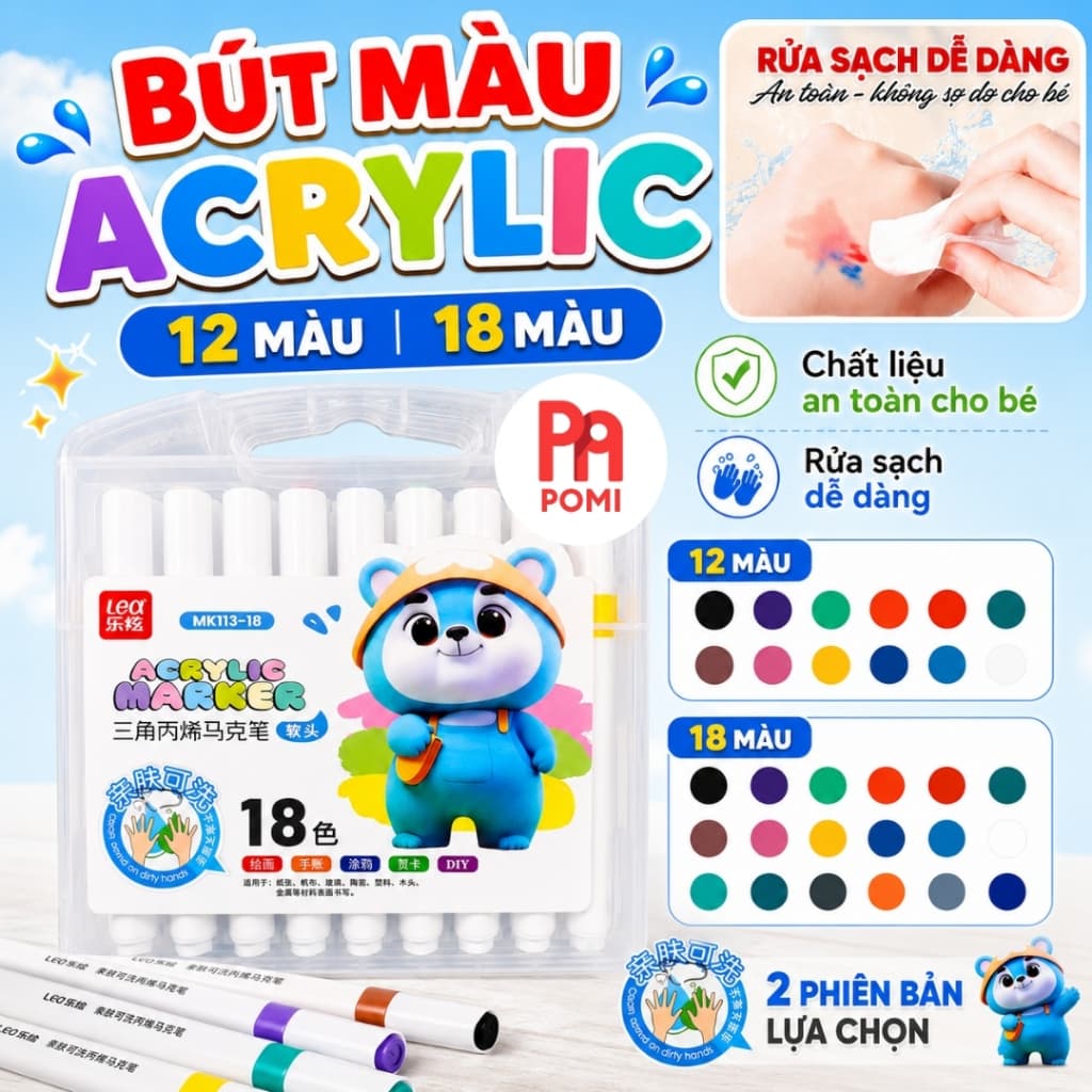 Bút Màu Acrylic Marker 12/18 Màu Cao Cấp - Màu Sắc Tươi Sáng - Bút Lông Màu POMI
