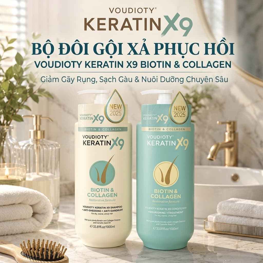 Bộ Dầu Gội Xả Keratin X9 Biotin Phục Hồi Tóc Hư Tổn 1000mlx2 – Giảm Gãy Rụng, Hỗ Trợ Kích Thích Mọc